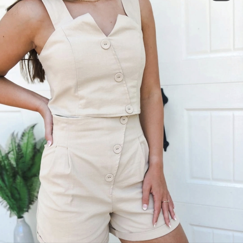Cream Button-Up Crop Top and Shorts Set